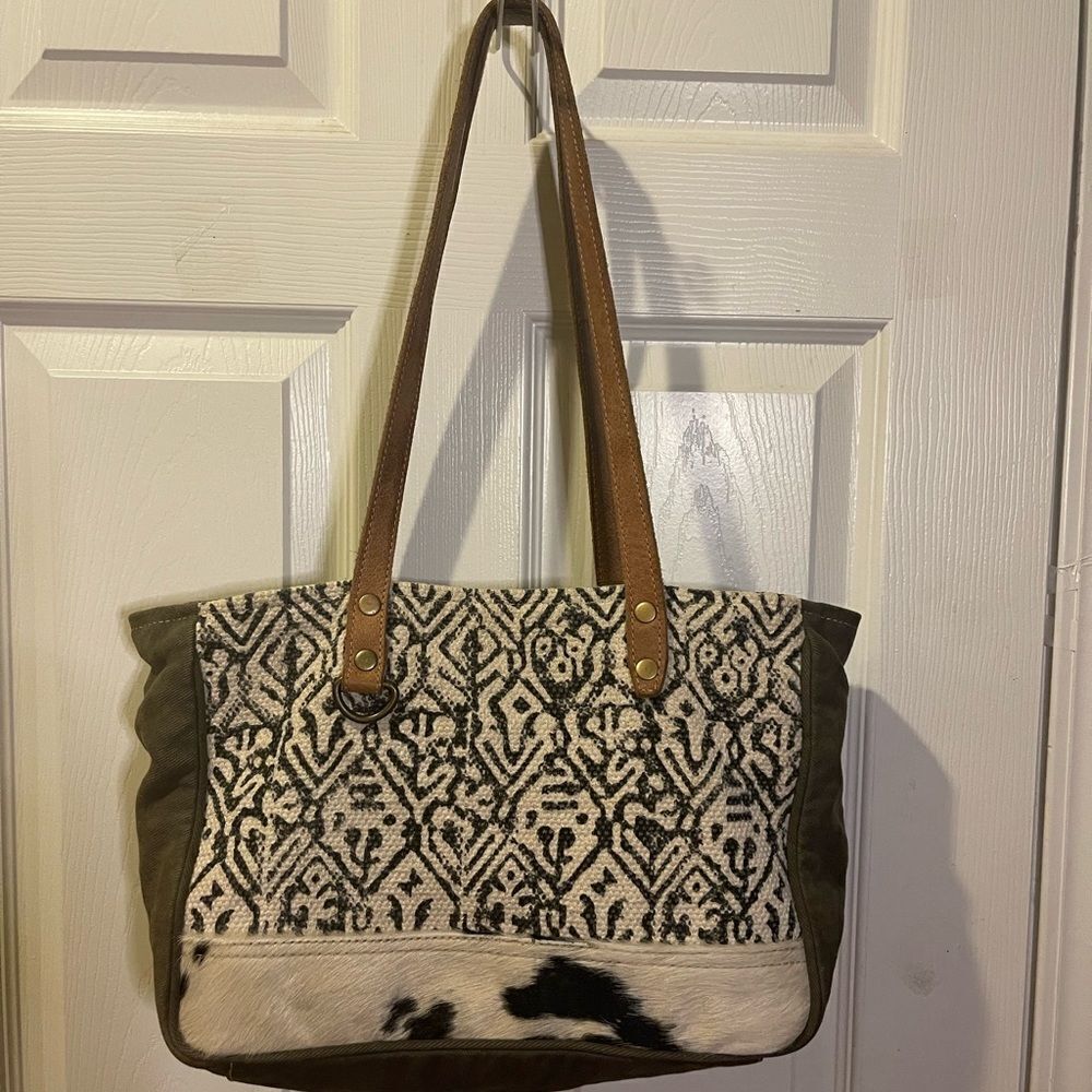 Myra Bag Spencer Spencer up cycled canvas and cowhide leather tote bag